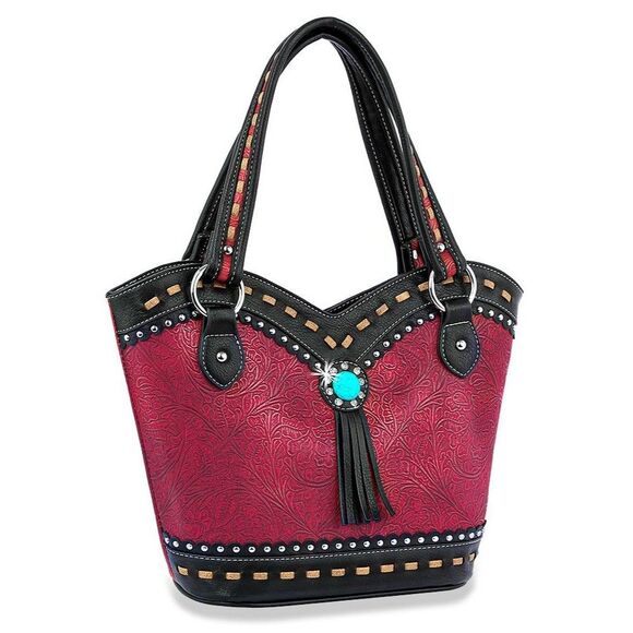 Handbags - Women's Red Western Style Embossed Tote Handbag